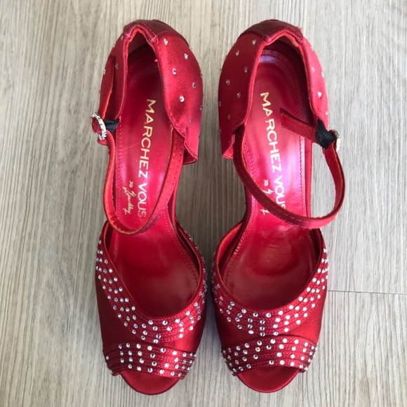 Marchez Vous Red Heels with Rhinestones and Ankle Strap, Size 6 - Picture 5 of 13